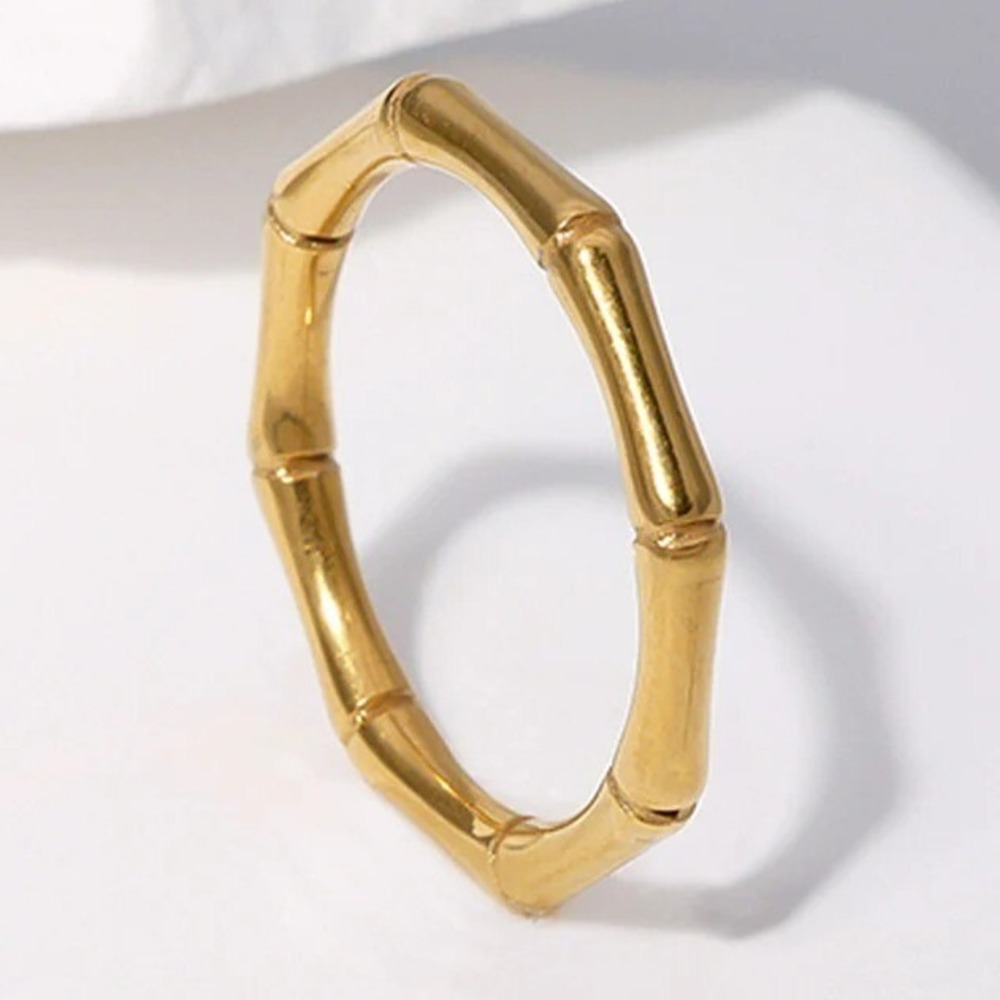 Bamboo Ring Gold Plated Stainless Steel Band Statement Ring For Women Size 6